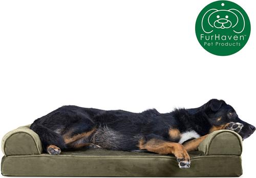 Show full view: FurHaven Faux Fur Memory Top Bolster Dog Bed with Removable Cover, Dark Sage, Large slide 4 of 11