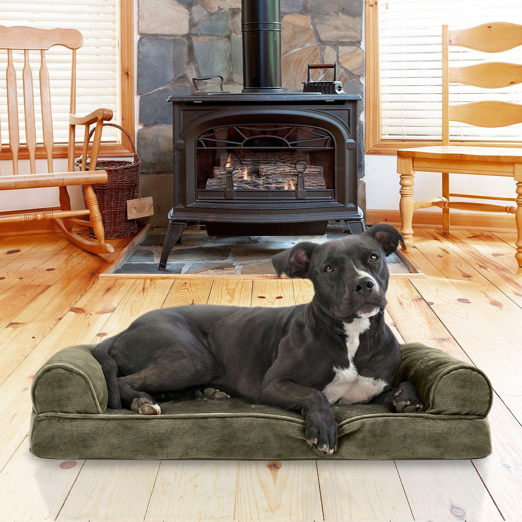 FurHaven Faux Fur Memory Top Bolster Dog Bed with Removable Cover, Dark Sage, Medium