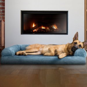 FurHaven Faux Fur Memory Top Bolster Dog Bed with Removable Cover, Harbor Blue, Jumbo