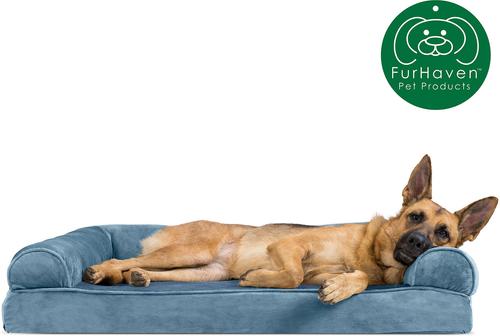 Show full view: FurHaven Faux Fur Memory Top Bolster Dog Bed with Removable Cover, Harbor Blue, Jumbo slide 5 of 12