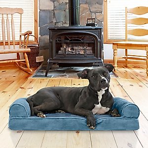 FurHaven Faux Fur Memory Top Bolster Dog Bed with Removable Cover, Harbor Blue, Medium
