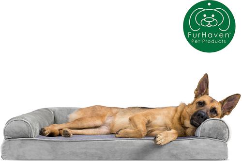 Show full view: FurHaven Faux Fur Memory Top Bolster Dog Bed with Removable Cover, Smoke Gray, Jumbo slide 4 of 11