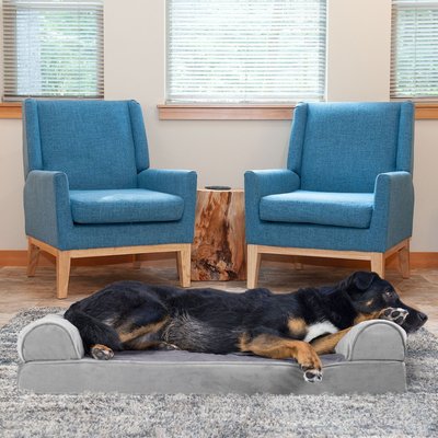 FurHaven FurHaven Faux Fur Memory Top Bolster Dog Bed with Removable Cover, Smoke Gray, Large
