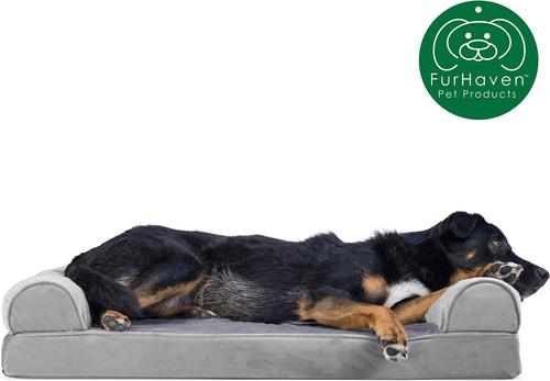 Show full view: FurHaven Faux Fur Memory Top Bolster Dog Bed with Removable Cover, Smoke Gray, Large slide 4 of 11
