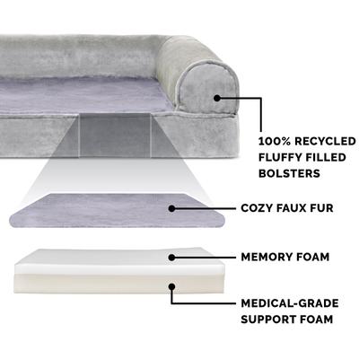 Show full view: FurHaven Faux Fur Memory Top Bolster Dog Bed with Removable Cover, Smoke Gray, Large slide 6 of 11