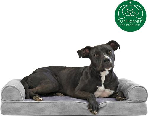 Show full view: FurHaven Faux Fur Memory Top Bolster Dog Bed with Removable Cover, Smoke Gray, Medium slide 4 of 11