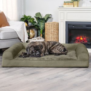 FurHaven Faux Fur Orthopedic Bolster Dog Bed with Removable Cover, Dark Sage, Jumbo Plus