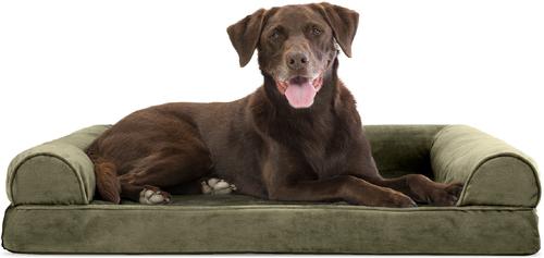 Show full view: FurHaven Faux Fur Orthopedic Bolster Dog Bed with Removable Cover, Dark Sage, Large slide 2 of 11