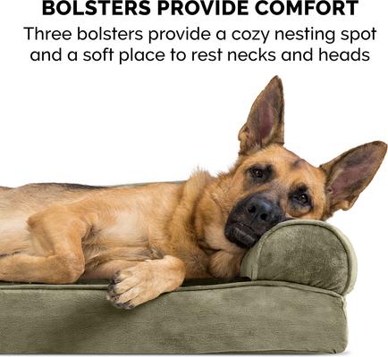 Show full view: FurHaven Faux Fur Orthopedic Bolster Dog Bed with Removable Cover, Dark Sage, Large slide 3 of 11