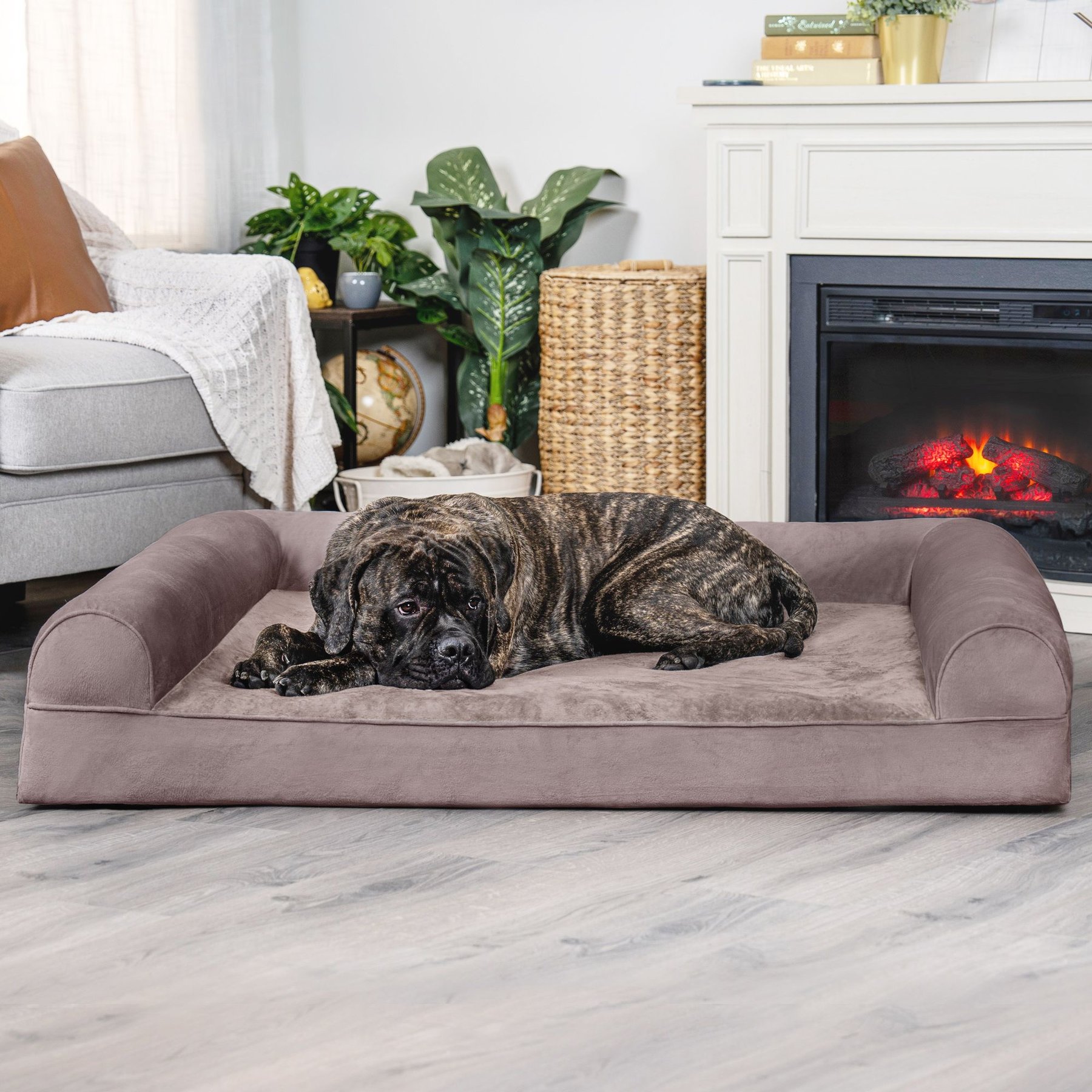FurHaven Faux Fur Orthopedic Bolster Dog Bed with Removable Cover, Driftwood Brown, Jumbo Plus