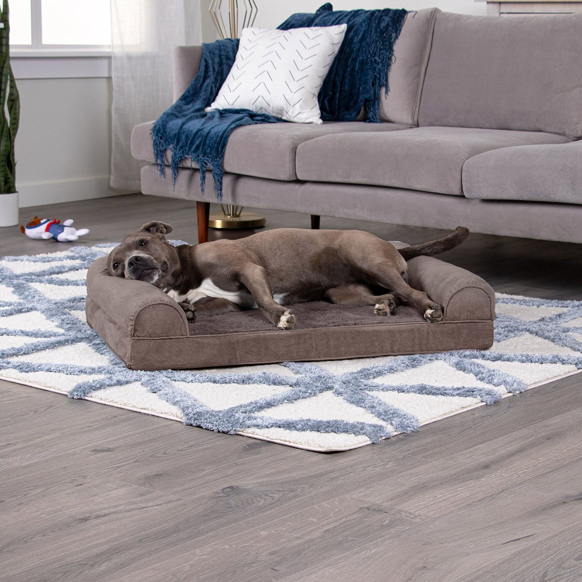 FurHaven Faux Fur Orthopedic Bolster Dog Bed with Removable Cover, Driftwood Brown, Large
