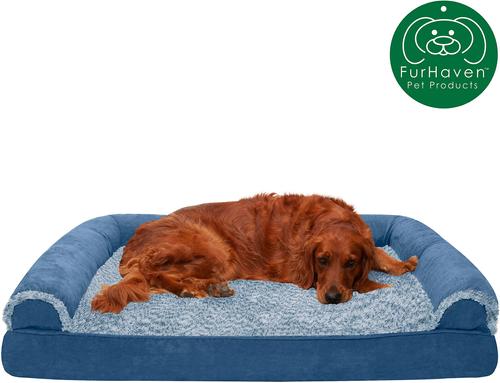 Show full view: FurHaven Faux Fur & Suede Memory Foam Sofa Dog & Cat Bed, Marine Blue, Jumbo slide 4 of 10