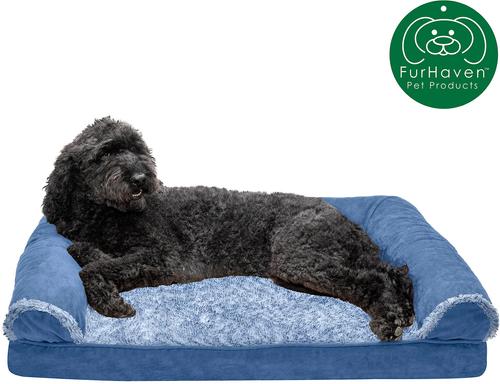Show full view: FurHaven Faux Fur & Suede Memory Foam Sofa Dog & Cat Bed, Marine Blue, Large slide 5 of 11
