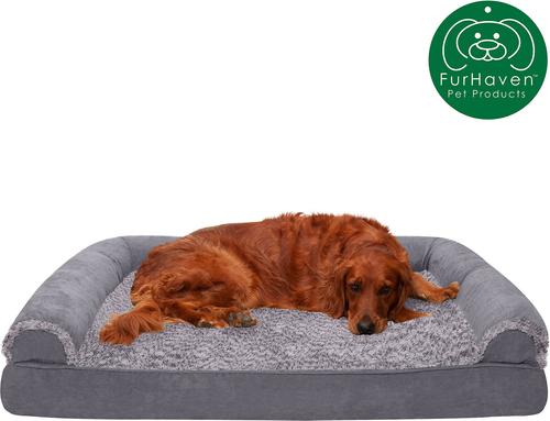 Show full view: FurHaven Faux Fur & Suede Memory Foam Sofa Dog & Cat Bed, Stone Gray, Jumbo slide 4 of 10