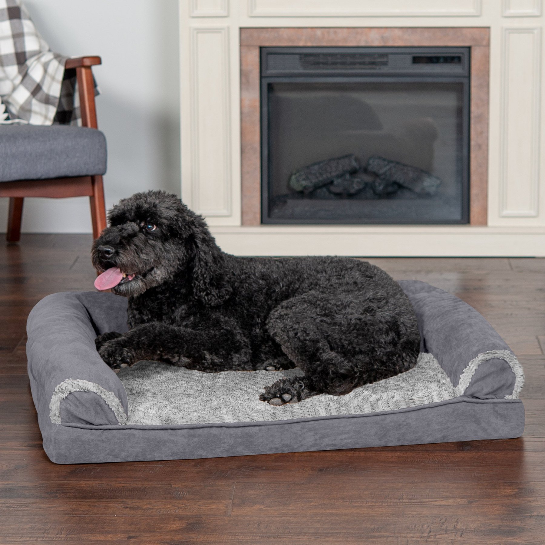 FurHaven FurHaven Faux Fur & Suede Memory Foam Sofa Dog & Cat Bed, Stone Gray, Large