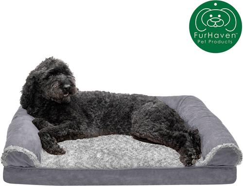 Show full view: FurHaven Faux Fur & Suede Memory Foam Sofa Dog & Cat Bed, Stone Gray, Large slide 4 of 10