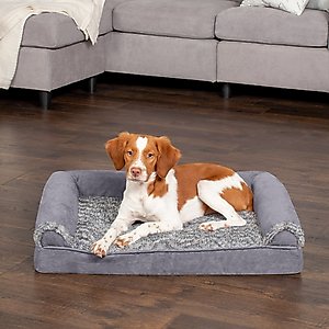 FurHaven Faux Fur & Suede Memory Foam Sofa Dog & Cat Bed, Stone Gray, Medium