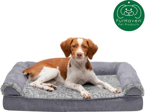Show full view: FurHaven Faux Fur & Suede Memory Foam Sofa Dog & Cat Bed, Stone Gray, Medium slide 4 of 10