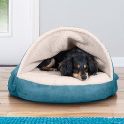 FurHaven Faux Sheepskin Snuggery Gel Top Cat & Dog Bed with Removable Cover, Blue, 26-in