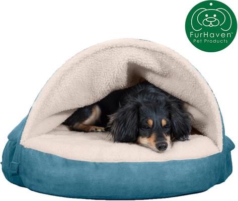 Show full view: FurHaven Faux Sheepskin Snuggery Gel Top Cat & Dog Bed with Removable Cover, Blue, 26-in slide 4 of 10