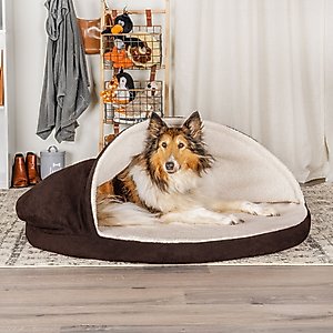 FurHaven Faux Sheepskin Snuggery Gel Top Cat & Dog Bed with Removable Cover, Espresso, 44-in