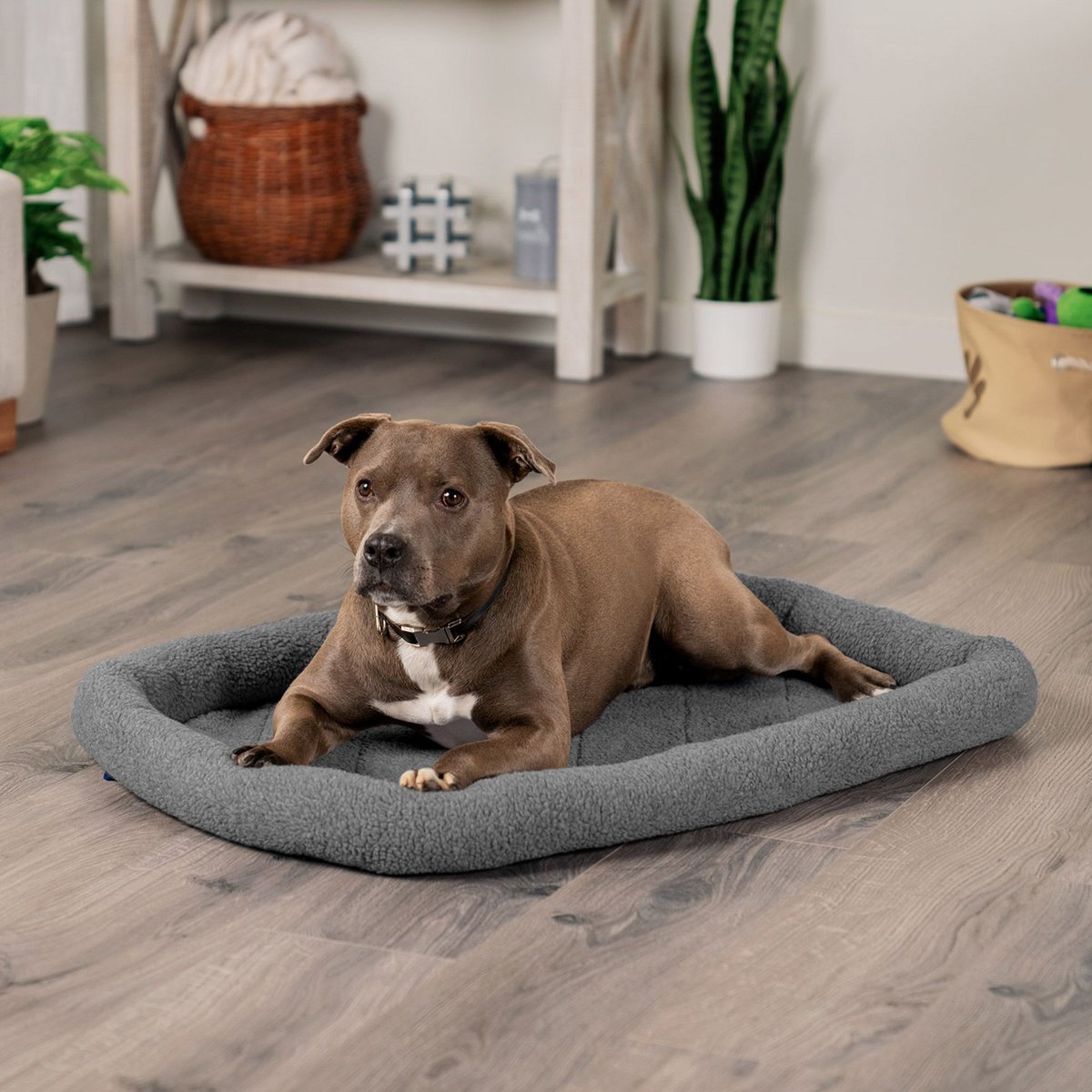 FurHaven Faux Wool Crate Bolster Cat & Dog Bed, Gray, Large