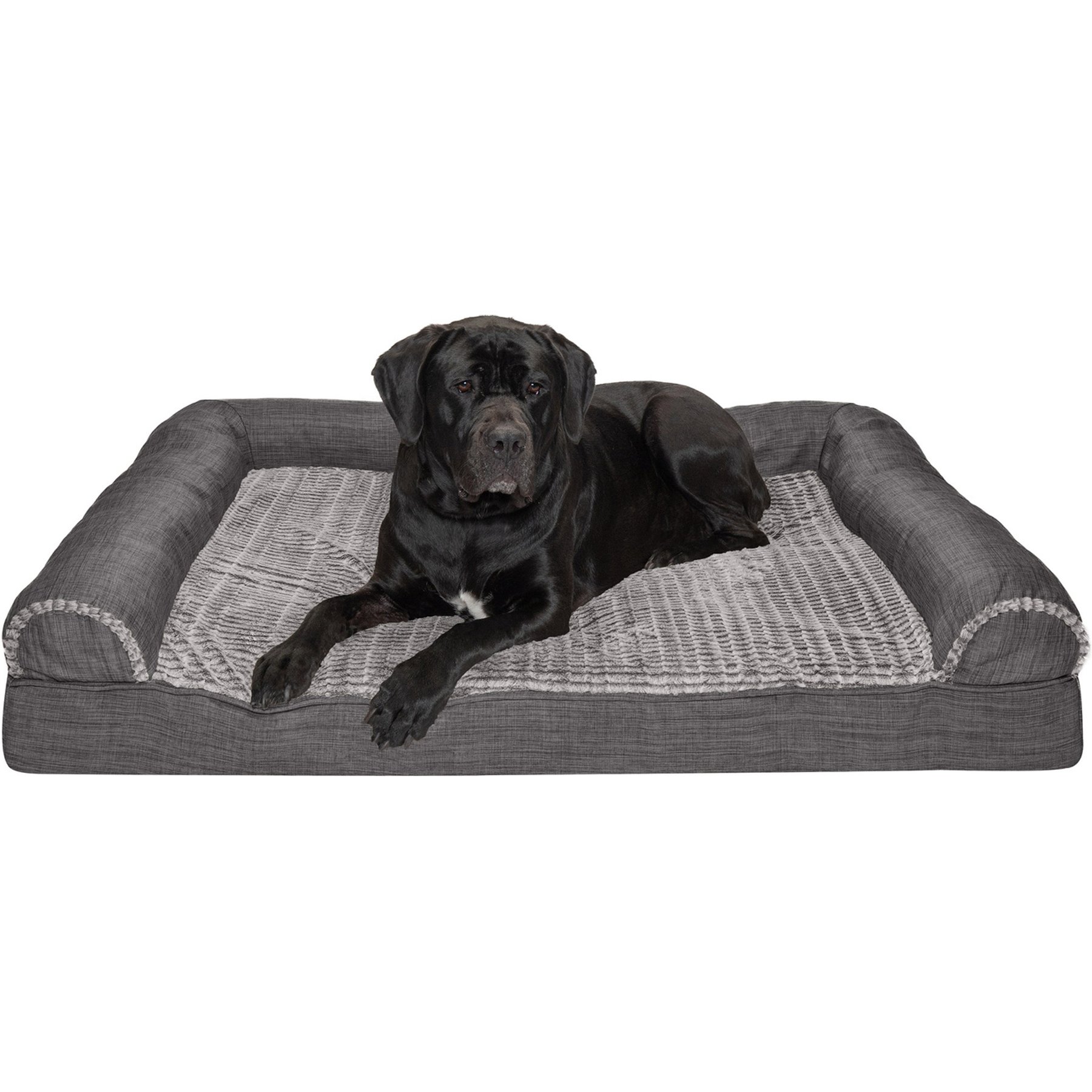 FurHaven Luxe Fur & Performance Linen Cooling Gel Top Sofa Cat & Dog Bed with Removable Cover, Charcoal, Jumbo Plus
