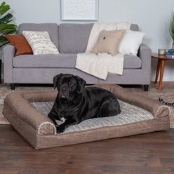 FurHaven Luxe Fur & Performance Linen Cooling Gel Top Sofa Cat & Dog Bed with Removable Cover, Woodsmoke, Jumbo Plus