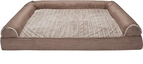 Show full view: FurHaven Luxe Fur & Performance Linen Cooling Gel Top Sofa Cat & Dog Bed with Removable Cover, Woodsmoke, Jumbo Plus slide 3 of 10