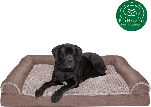 Show full view: FurHaven Luxe Fur & Performance Linen Cooling Gel Top Sofa Cat & Dog Bed with Removable Cover, Woodsmoke, Jumbo Plus slide 4 of 10