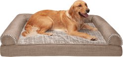 FurHaven Luxe Fur & Performance Linen Cooling Gel Top Sofa Cat & Dog Bed with Removable Cover, Woodsmoke, Jumbo