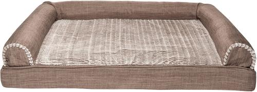 Show full view: FurHaven Luxe Fur & Performance Linen Cooling Gel Top Sofa Cat & Dog Bed with Removable Cover, Woodsmoke, Jumbo slide 4 of 11
