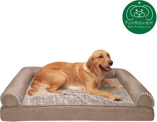 Show full view: FurHaven Luxe Fur & Performance Linen Cooling Gel Top Sofa Cat & Dog Bed with Removable Cover, Woodsmoke, Jumbo slide 5 of 11