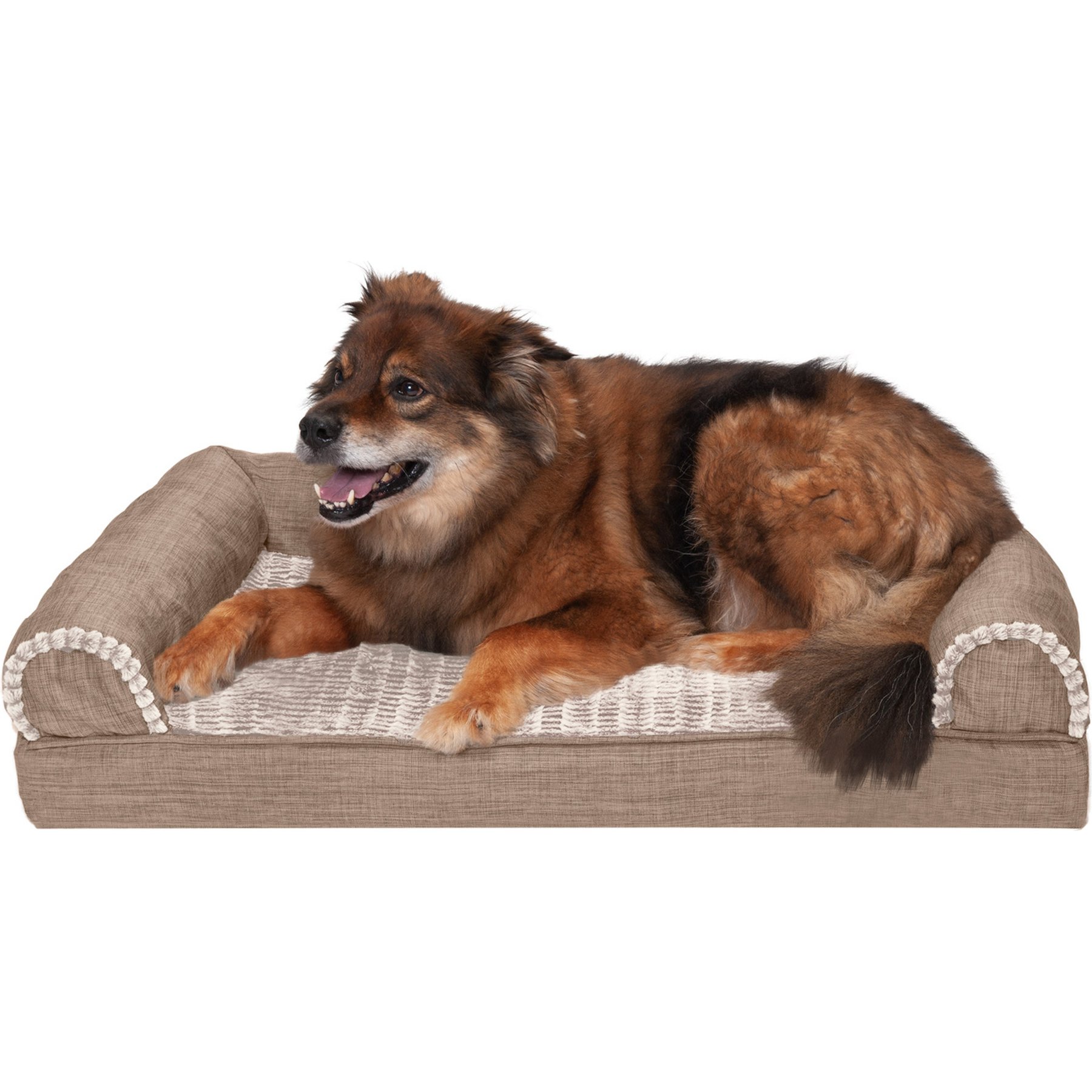 FurHaven Luxe Fur & Performance Linen Cooling Gel Top Sofa Cat & Dog Bed with Removable Cover, Woodsmoke, Large