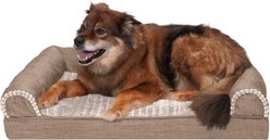 FurHaven Luxe Fur & Performance Linen Cooling Gel Top Sofa Cat & Dog Bed with Removable Cover, Woodsmoke, Large