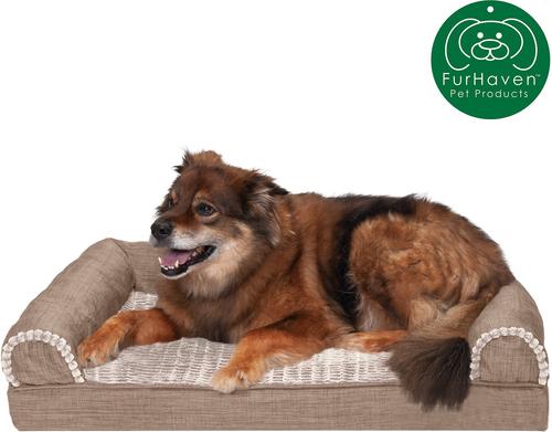 Show full view: FurHaven Luxe Fur & Performance Linen Cooling Gel Top Sofa Cat & Dog Bed with Removable Cover, Woodsmoke, Large slide 4 of 10