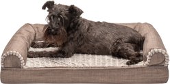 FurHaven Luxe Fur & Performance Linen Cooling Gel Top Sofa Cat & Dog Bed with Removable Cover, Woodsmoke, Medium