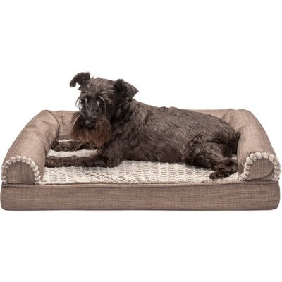 FurHaven FurHaven Luxe Fur & Performance Linen Cooling Gel Top Sofa Cat & Dog Bed with Removable Cover, Woodsmoke, Medium