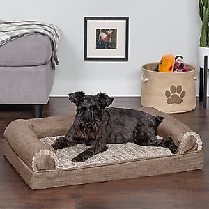 FurHaven Luxe Fur & Performance Linen Cooling Gel Top Sofa Cat & Dog Bed with Removable Cover, Woodsmoke, Medium