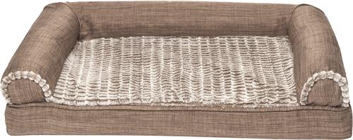 Show full view: FurHaven Luxe Fur & Performance Linen Cooling Gel Top Sofa Cat & Dog Bed with Removable Cover, Woodsmoke, Medium slide 4 of 11