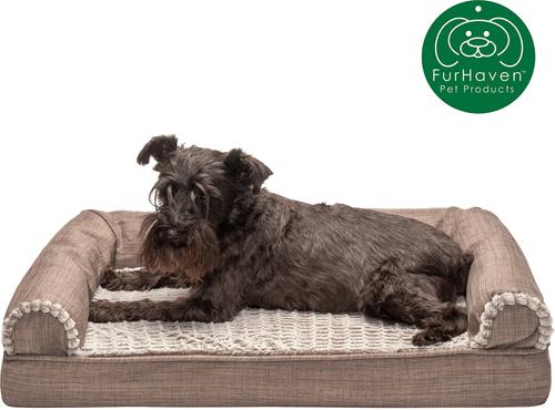 Show full view: FurHaven Luxe Fur & Performance Linen Cooling Gel Top Sofa Cat & Dog Bed with Removable Cover, Woodsmoke, Medium slide 5 of 11