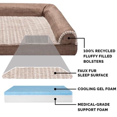 Show full view: FurHaven Luxe Fur & Performance Linen Cooling Gel Top Sofa Cat & Dog Bed with Removable Cover, Woodsmoke, Medium slide 7 of 11