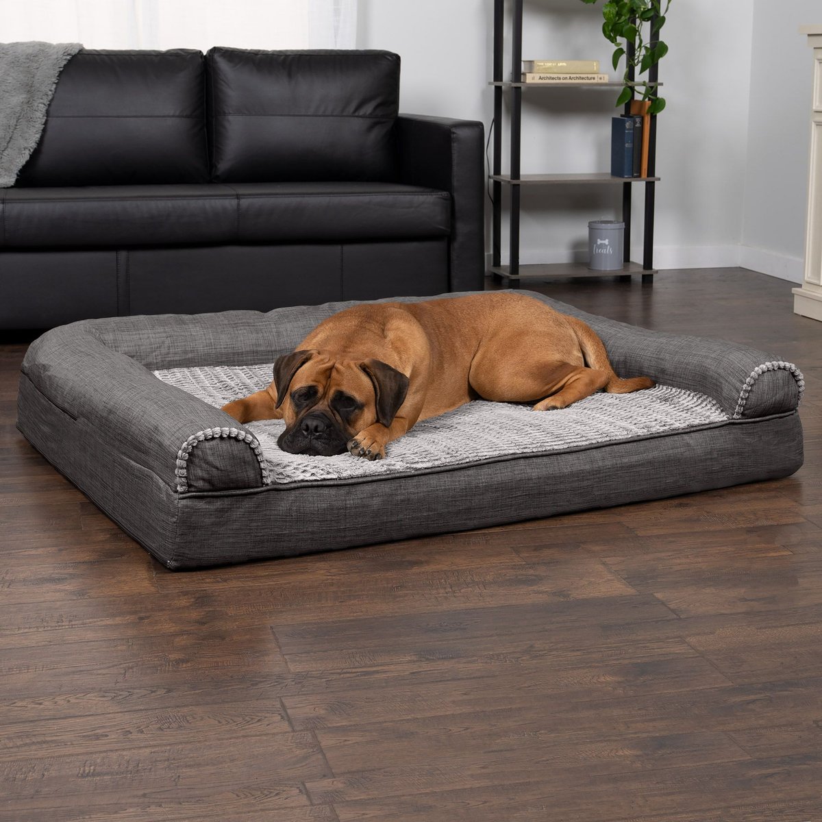 FurHaven Luxe Fur & Performance Linen Full Support Dog & Cat Bed, Charcoal, Jumbo Plus