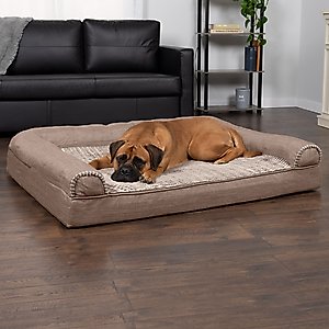FurHaven Luxe Fur & Performance Linen Full Support Dog & Cat Bed, Woodsmoke, Jumbo Plus