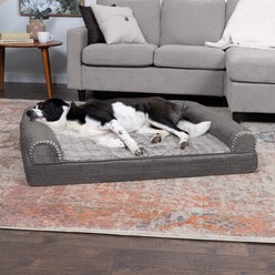 FurHaven Luxe Fur & Performance Linen Orthopedic Cat & Dog Bed with Removable Cover, Charcoal, Large