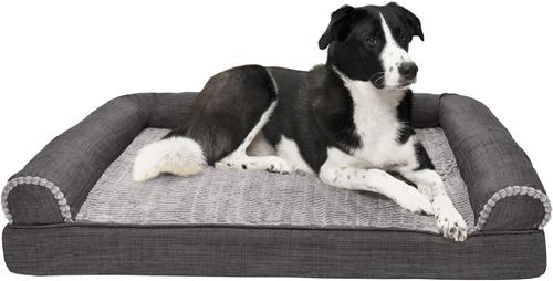 Show full view: FurHaven Luxe Fur & Performance Linen Orthopedic Cat & Dog Bed with Removable Cover, Charcoal, Large slide 4 of 10