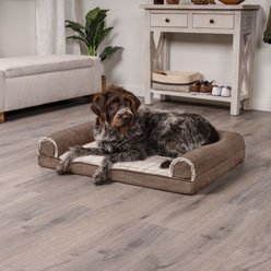 FurHaven Luxe Fur & Performance Linen Orthopedic Cat & Dog Bed with Removable Cover, Woodsmoke, Large