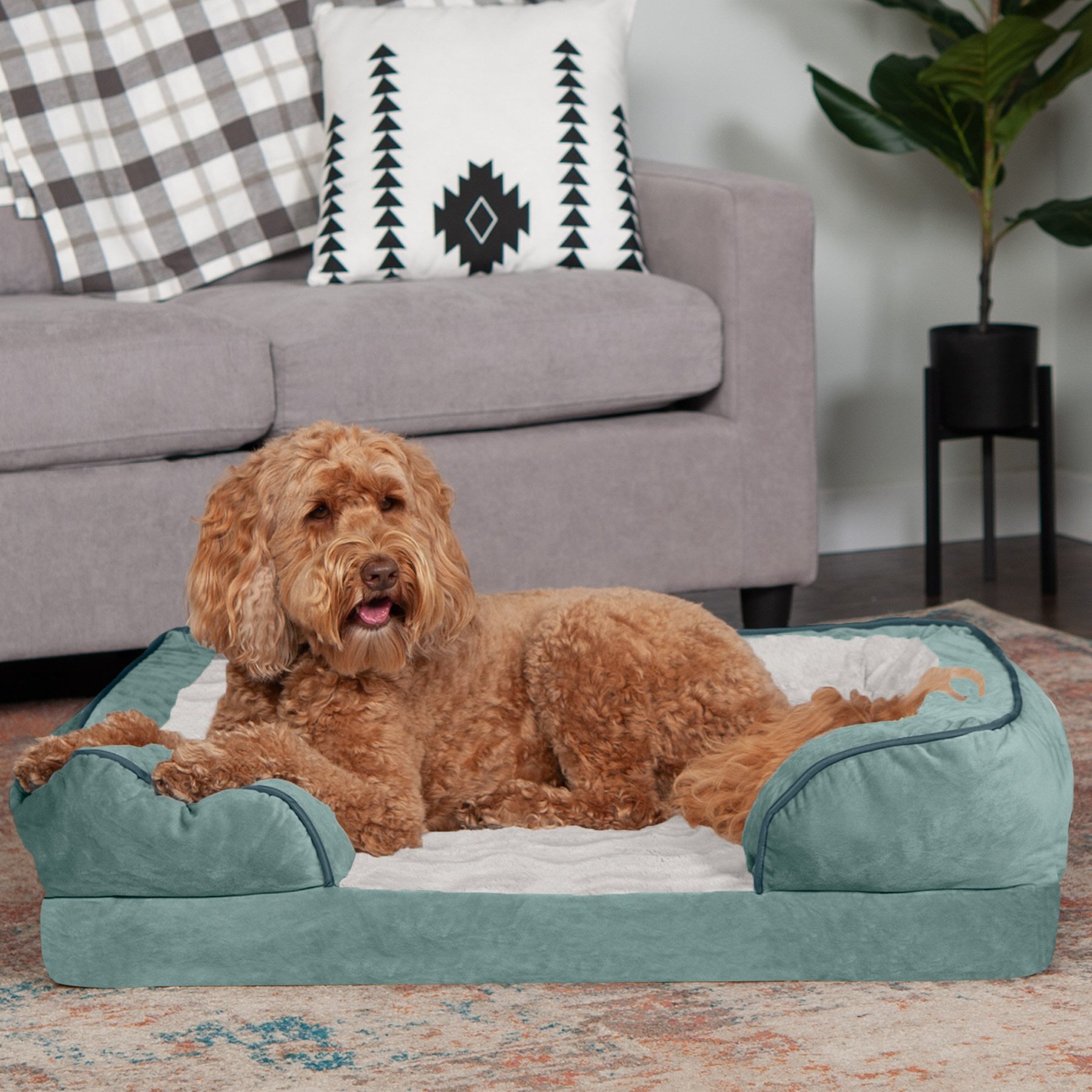 FurHaven Perfect Comfort Velvet Waves Full Support Sofa Dog & Cat Bed, Celadon Green, Large