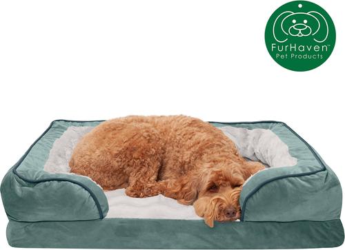 Show full view: FurHaven Perfect Comfort Velvet Waves Full Support Sofa Dog & Cat Bed, Celadon Green, Large slide 4 of 10