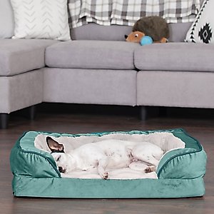 FurHaven Perfect Comfort Velvet Waves Full Support Sofa Dog & Cat Bed, Celadon Green, Medium